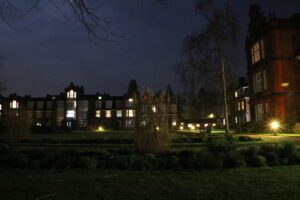 Newnham College grounds, Cambridge, photographed at night