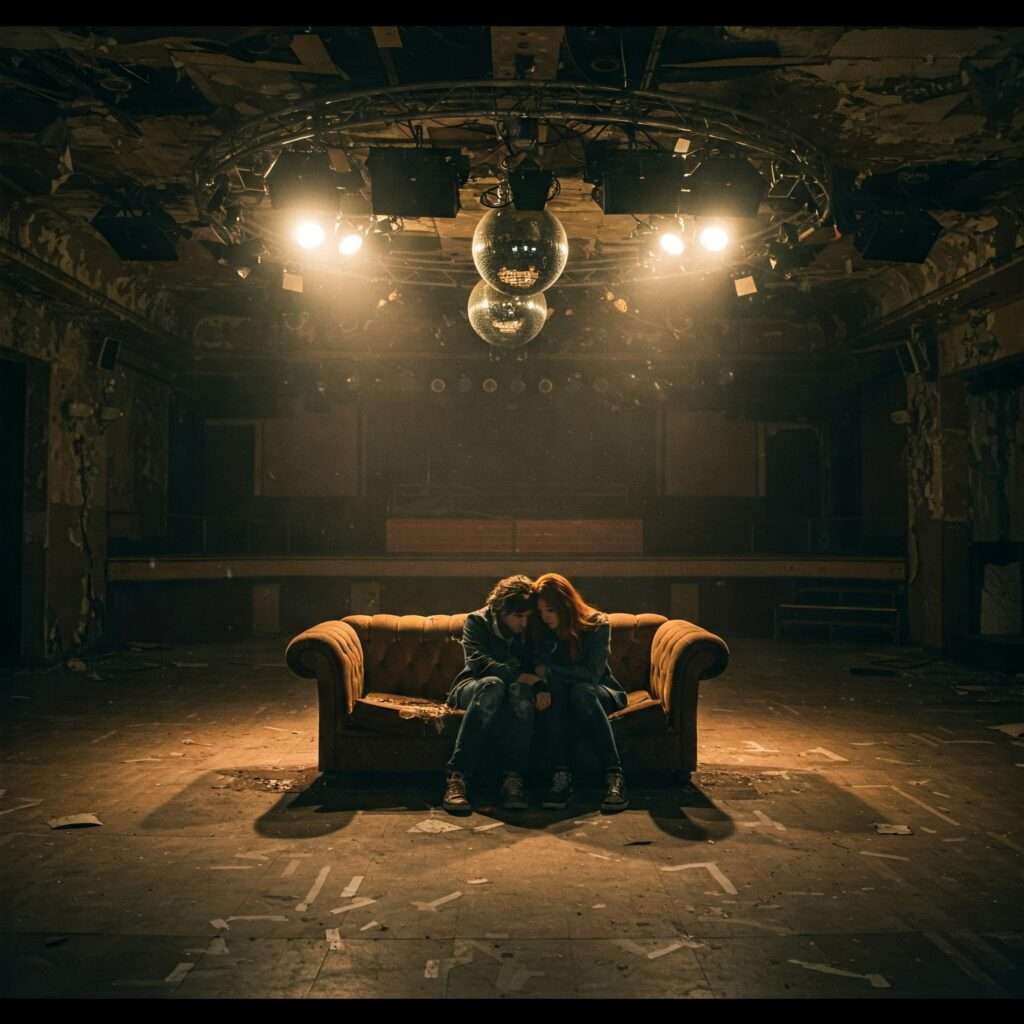 two people sitting on a couch in the centre of an old nightclub which is empty